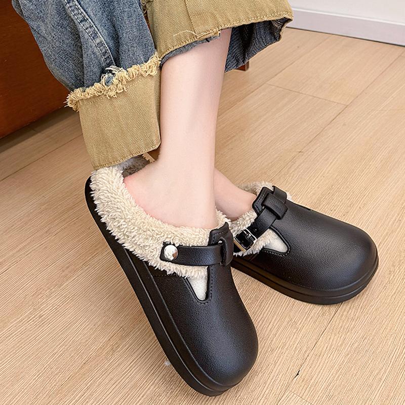 Waterproof Eva Furry Mules Slippers Women 2025 Winter Metal Buckle Warm Plush Slippers Soft Thick Bottom Non Slip Indoor Slides
