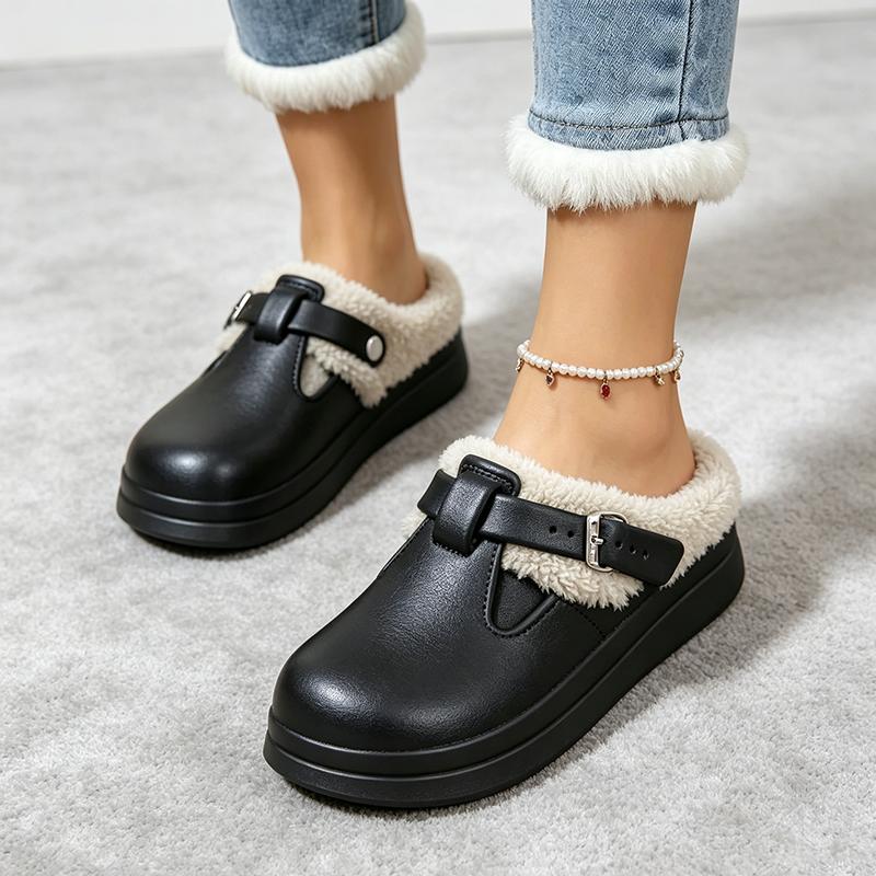 Waterproof Eva Furry Mules Slippers Women 2025 Winter Metal Buckle Warm Plush Slippers Soft Thick Bottom Non Slip Indoor Slides