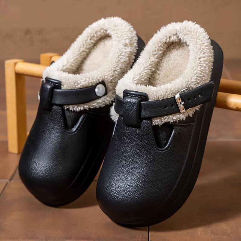 Waterproof Eva Furry Mules Slippers Women 2025 Winter Metal Buckle Warm Plush Slippers Soft Thick Bottom Non Slip Indoor Slides
