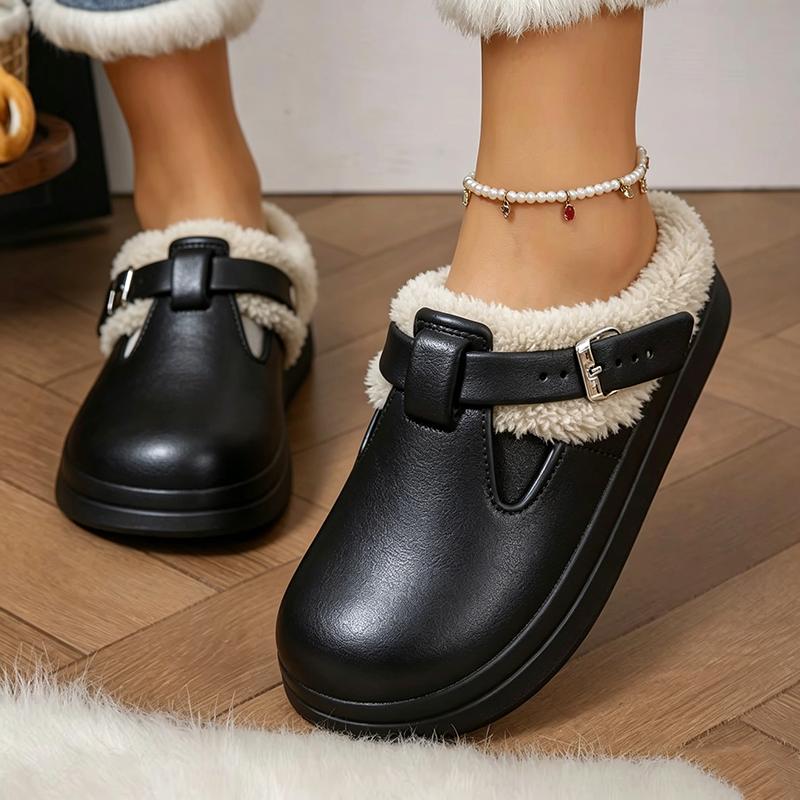Waterproof Eva Furry Mules Slippers Women 2025 Winter Metal Buckle Warm Plush Slippers Soft Thick Bottom Non Slip Indoor Slides