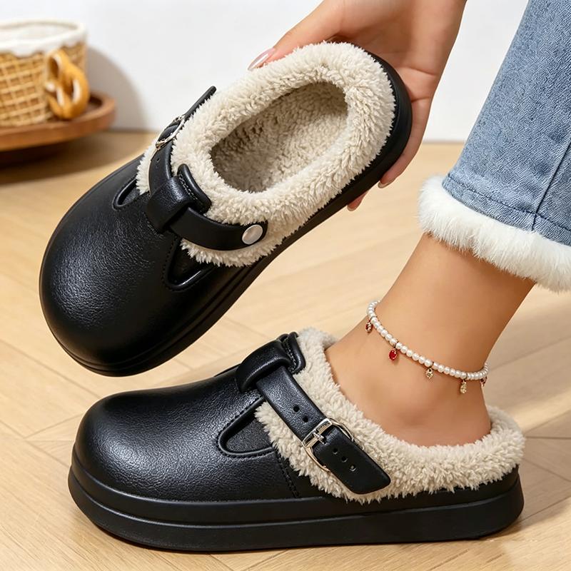 Waterproof Eva Furry Mules Slippers Women 2025 Winter Metal Buckle Warm Plush Slippers Soft Thick Bottom Non Slip Indoor Slides
