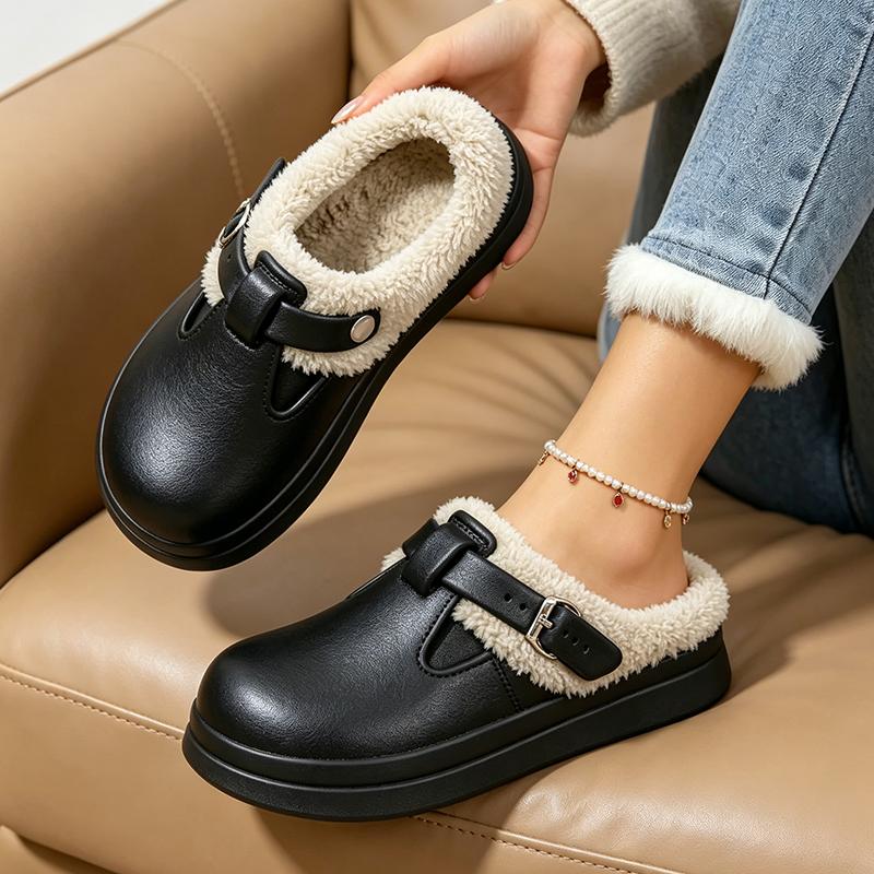 Waterproof Eva Furry Mules Slippers Women 2025 Winter Metal Buckle Warm Plush Slippers Soft Thick Bottom Non Slip Indoor Slides