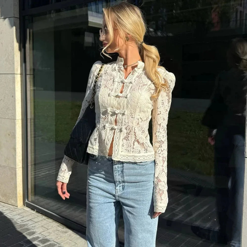 Ladies Vintage Lace Blouse Shirts Women Summer Hollow Out Casual Sand Collar Elegant Embroidery Puff Sleeve Sexy Top Shirts
