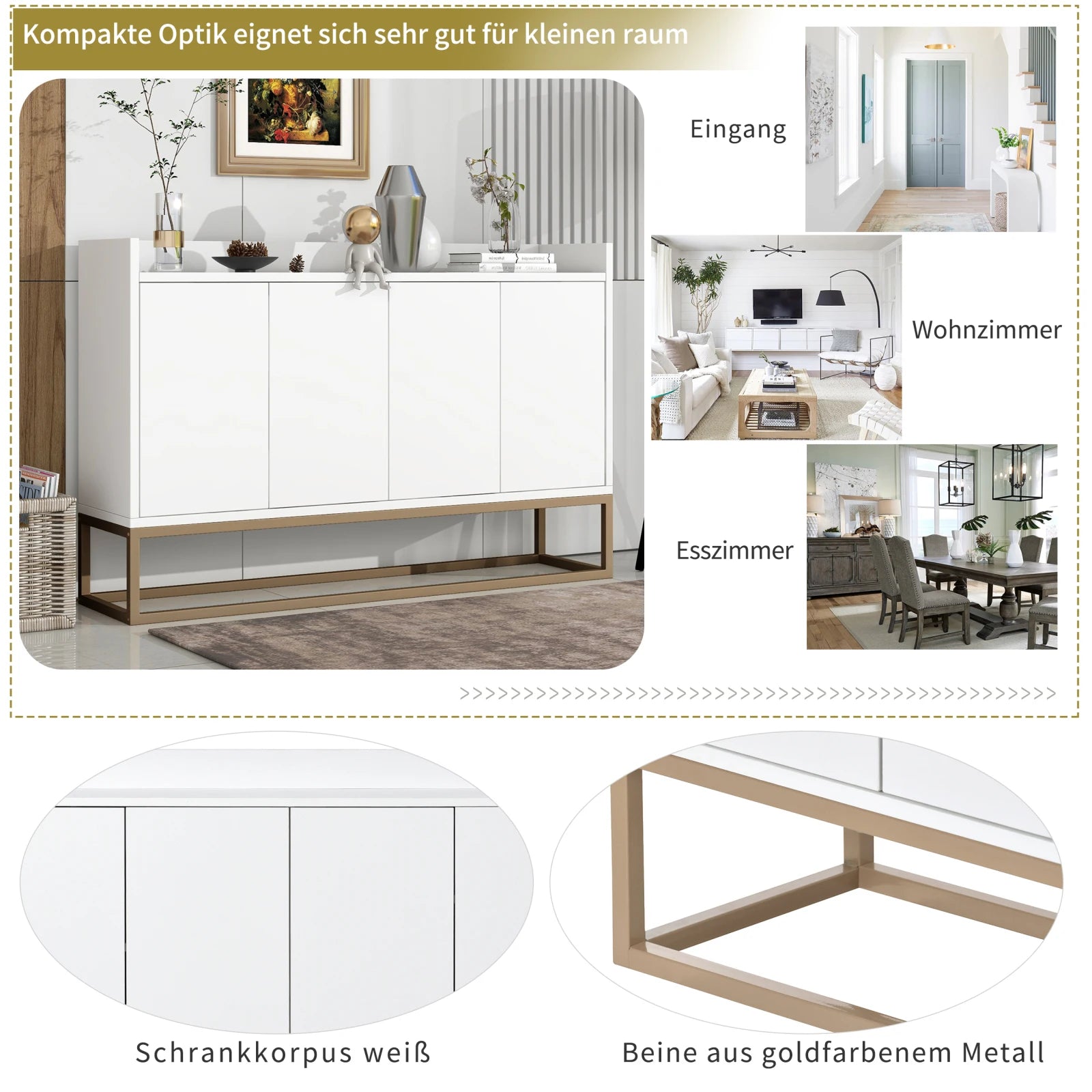 Comanlai 120x30x80cm Minimalist Sideboard, Chest of Drawers, Modern Buffet Cabinet, with 4 Doors, Metal Legs, Adjustable Shelf