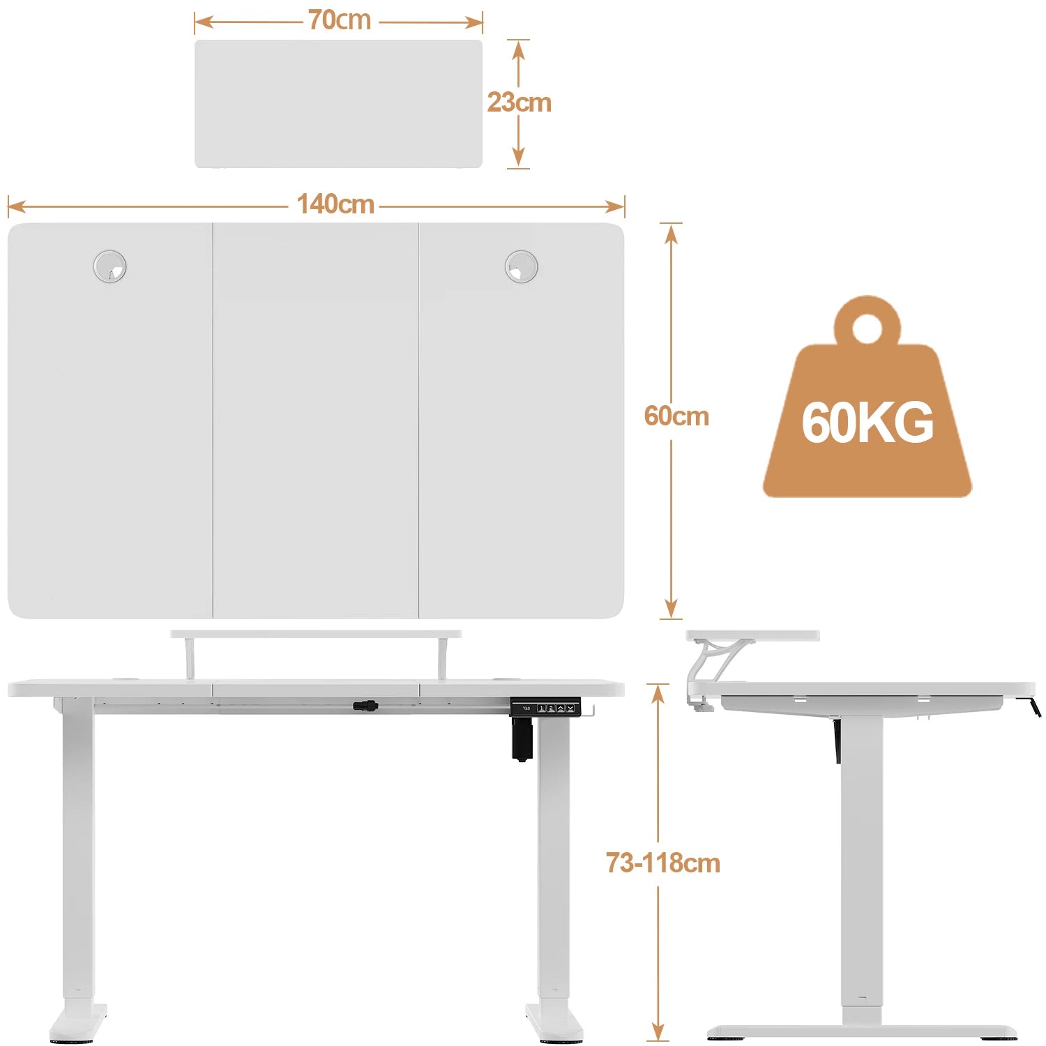 Devoko Height Adjustable desk Electric 140 × 60cm with Monitor Stand Ergonomic Seat Standing Desk (White)