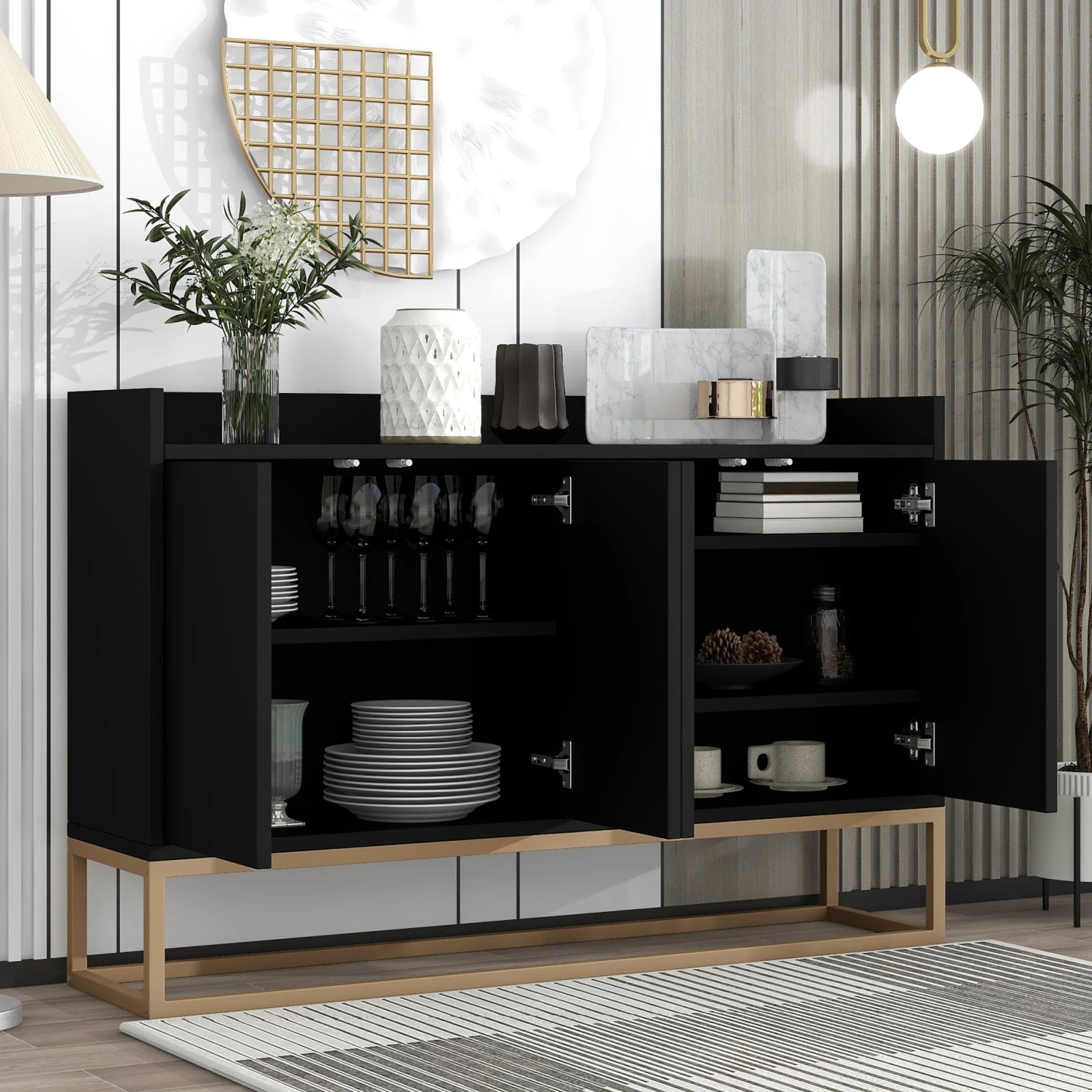 Comanlai 120x30x80cm Minimalist Sideboard, Chest of Drawers, Modern Buffet Cabinet, with 4 Doors, Metal Legs, Adjustable Shelf