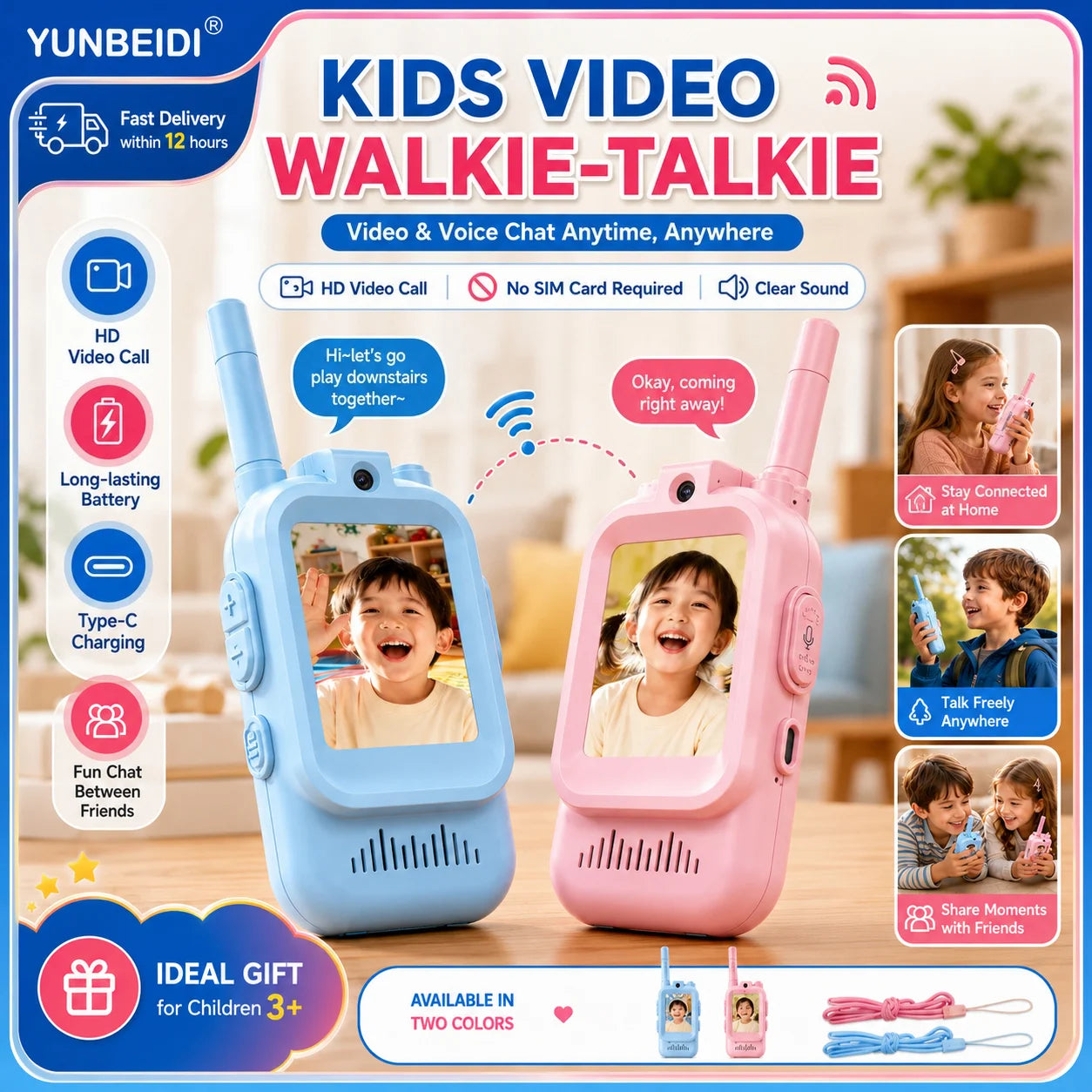 2PCS Kids Video Walkie Talkies USB Charging Indoor and Outdoor High Definition Intercom Children's Toys Birthday Gifts Ages 3-12