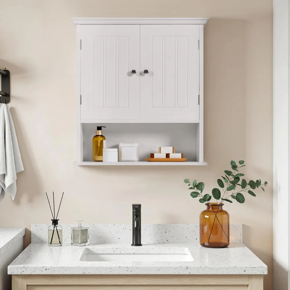 Bathroom Wall Cabinet with 2 Doors, 8" Deep Wall Mounted Medicine Cabinet with Adjustable Shelf and Open Compartment, Space-Savi