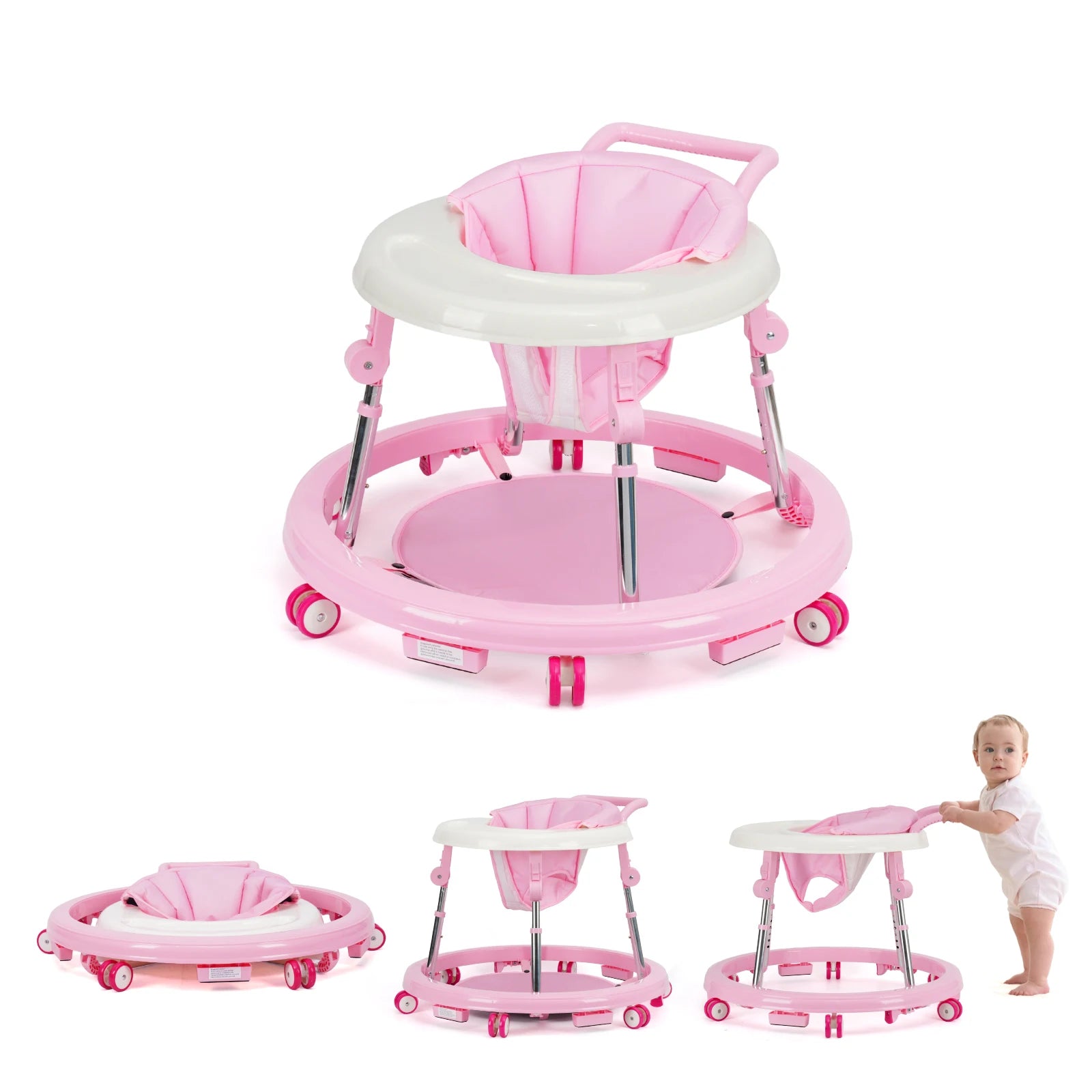 Wismind Baby Walker with Adjustable Height, Foldable Toddler Walker with Wheels & Activity Tray