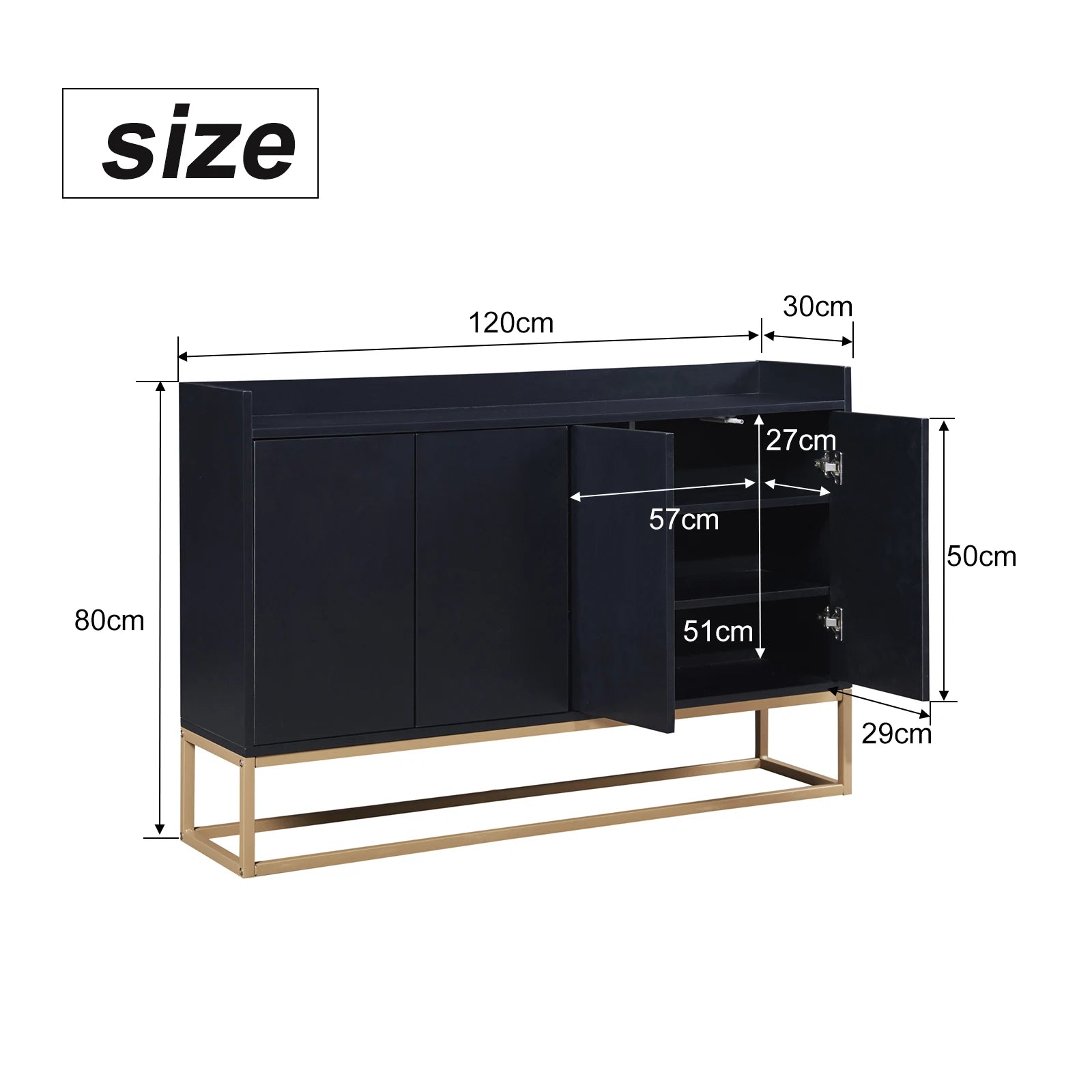 Comanlai 120x30x80cm Minimalist Sideboard, Chest of Drawers, Modern Buffet Cabinet, with 4 Doors, Metal Legs, Adjustable Shelf