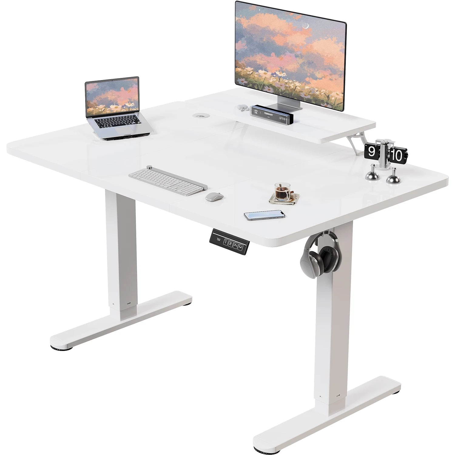 Devoko Height Adjustable desk Electric 140 × 60cm with Monitor Stand Ergonomic Seat Standing Desk (White)