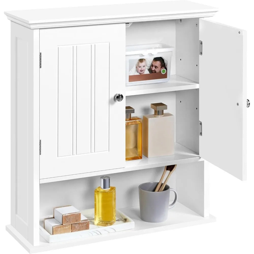 Bathroom Wall Cabinet with 2 Doors, 8" Deep Wall Mounted Medicine Cabinet with Adjustable Shelf and Open Compartment, Space-Savi