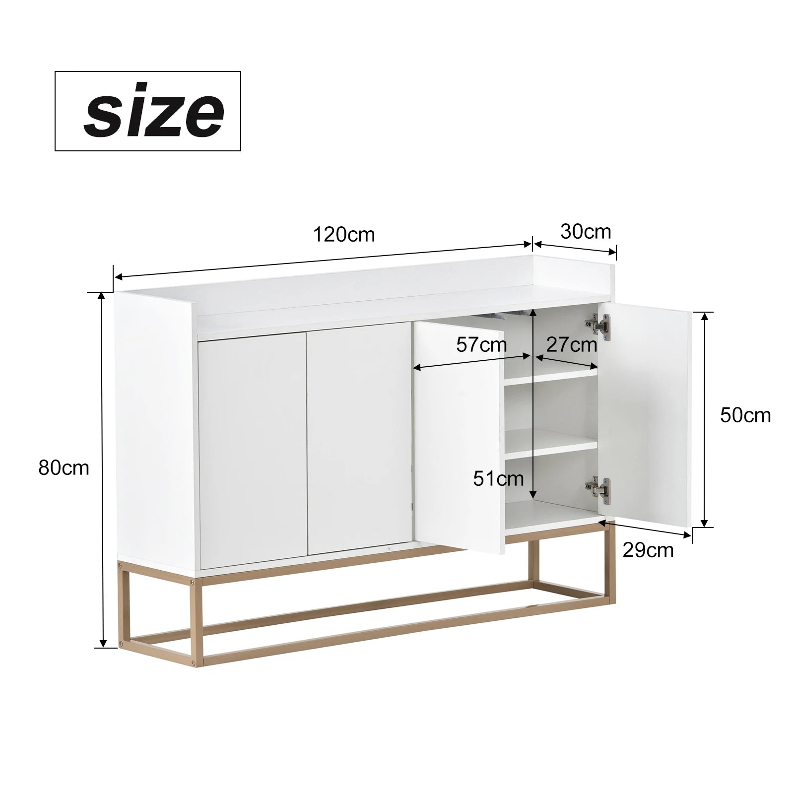 Comanlai 120x30x80cm Minimalist Sideboard, Chest of Drawers, Modern Buffet Cabinet, with 4 Doors, Metal Legs, Adjustable Shelf