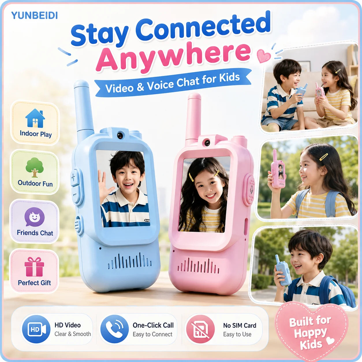 2PCS Kids Video Walkie Talkies USB Charging Indoor and Outdoor High Definition Intercom Children's Toys Birthday Gifts Ages 3-12