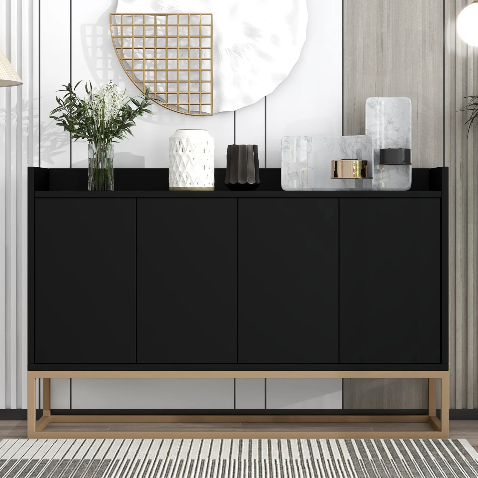 Comanlai 120x30x80cm Minimalist Sideboard, Chest of Drawers, Modern Buffet Cabinet, with 4 Doors, Metal Legs, Adjustable Shelf