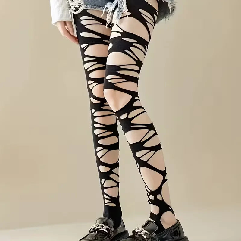A pair of homemade gothic punk style stockings hot girl subculture Y2K black hole stockings bottoming pantyhose  Black Punk Hollow-out Design, Stylish Thin Leggings.