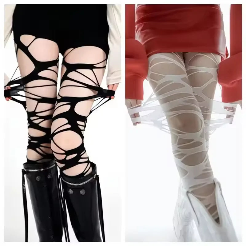 A pair of homemade gothic punk style stockings hot girl subculture Y2K black hole stockings bottoming pantyhose  Black Punk Hollow-out Design, Stylish Thin Leggings.
