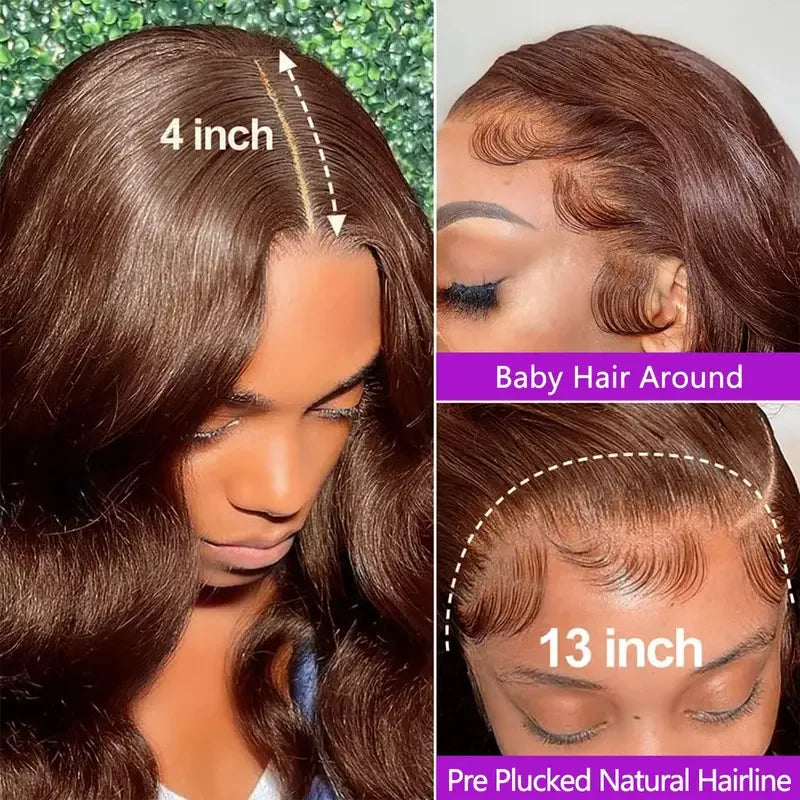 Body Wave Chocolate Brown Lace Front Wigs Human Hair Pre Plucked Brazilian Brown Virgin Hair Glueless HD Frontal Wig For Women