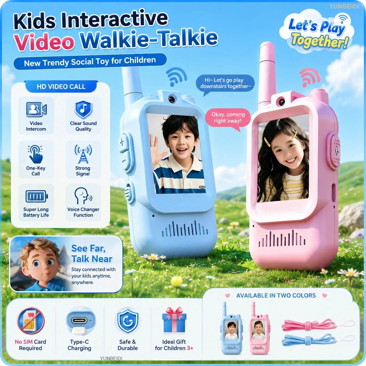 2PCS Kids Video Walkie Talkies USB Charging Indoor and Outdoor High Definition Intercom Children's Toys Birthday Gifts Ages 3-12