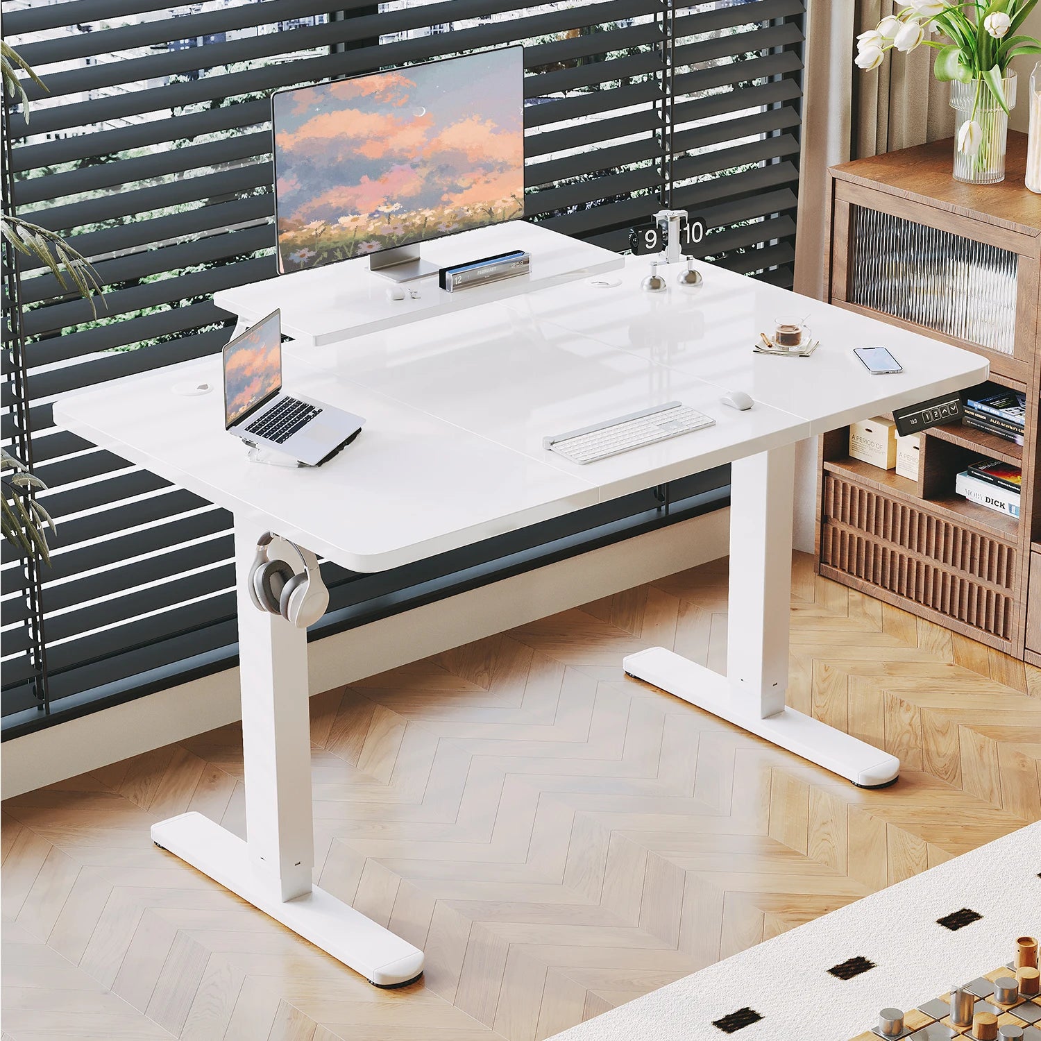 Devoko Height Adjustable desk Electric 140 × 60cm with Monitor Stand Ergonomic Seat Standing Desk (White)