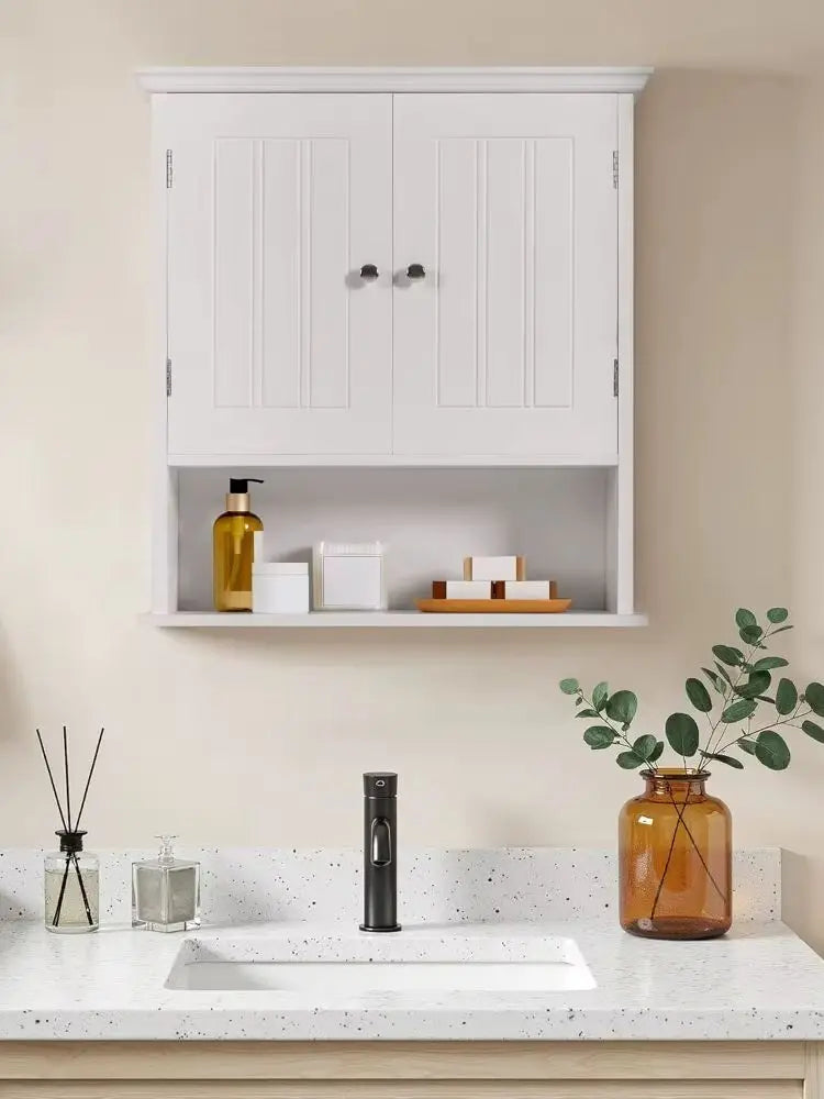 Bathroom Wall Cabinet with 2 Doors, 8" Deep Wall Mounted Medicine Cabinet with Adjustable Shelf and Open Compartment, Space-Savi