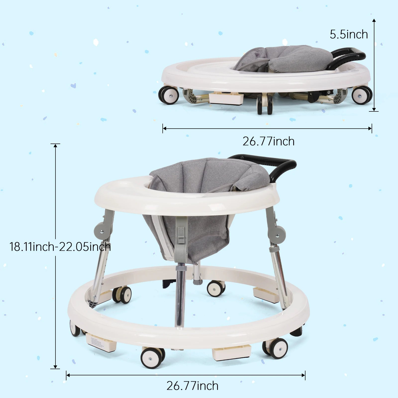 Wismind Baby Walker with Adjustable Height, Foldable Toddler Walker with Wheels & Activity Tray