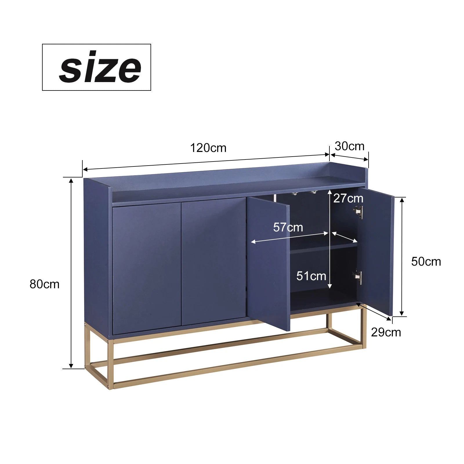 Comanlai 120x30x80cm Minimalist Sideboard, Chest of Drawers, Modern Buffet Cabinet, with 4 Doors, Metal Legs, Adjustable Shelf