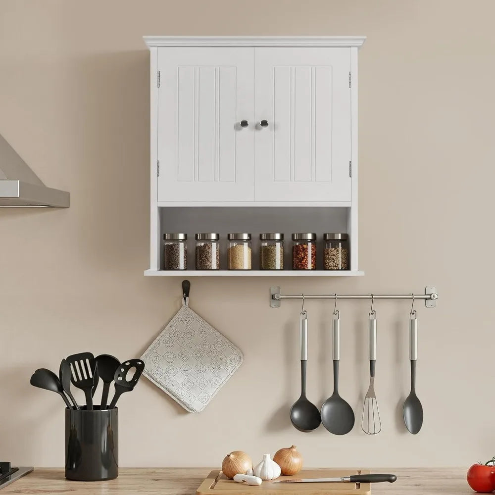 Bathroom Wall Cabinet with 2 Doors, 8" Deep Wall Mounted Medicine Cabinet with Adjustable Shelf and Open Compartment, Space-Savi