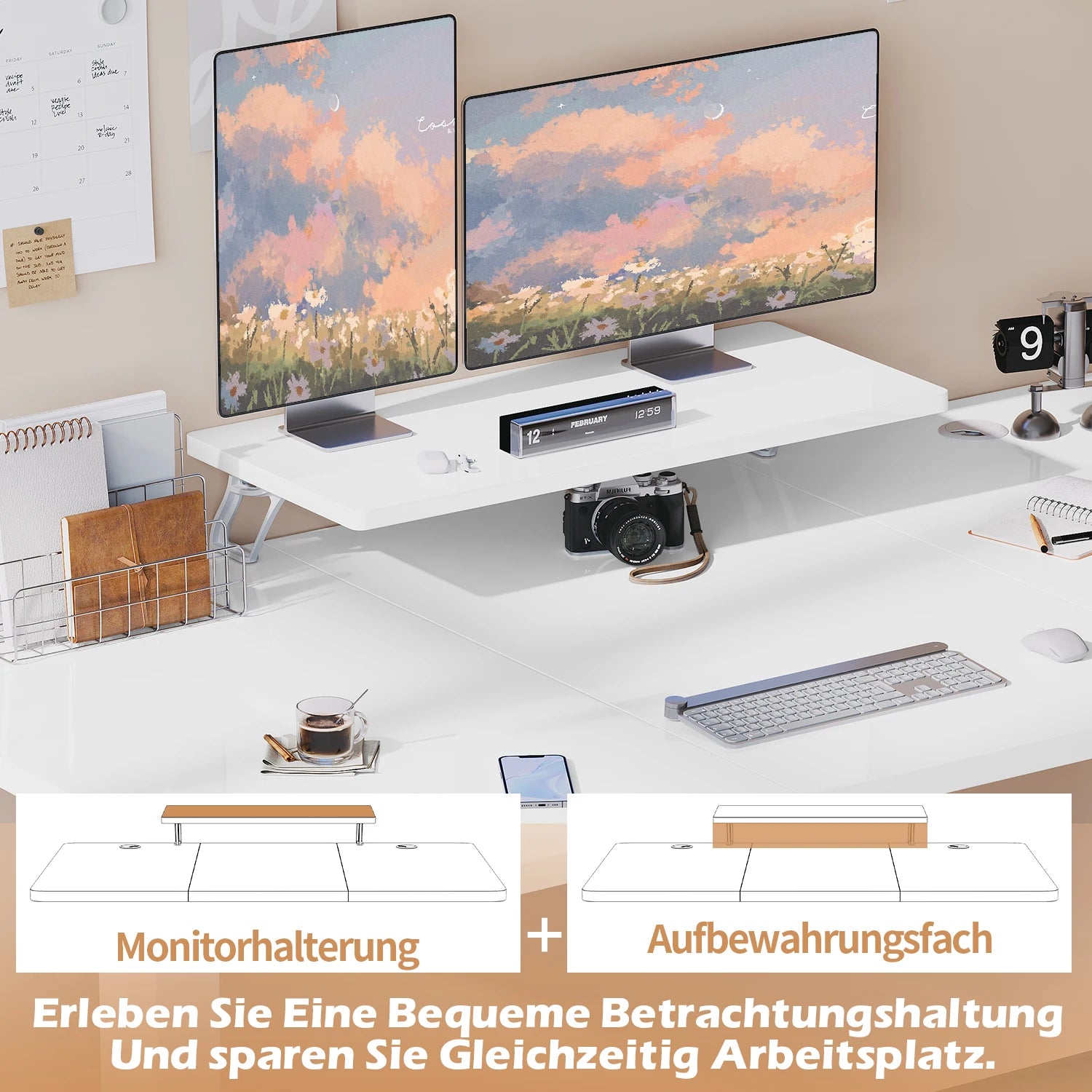 Devoko Height Adjustable desk Electric 140 × 60cm with Monitor Stand Ergonomic Seat Standing Desk (White)