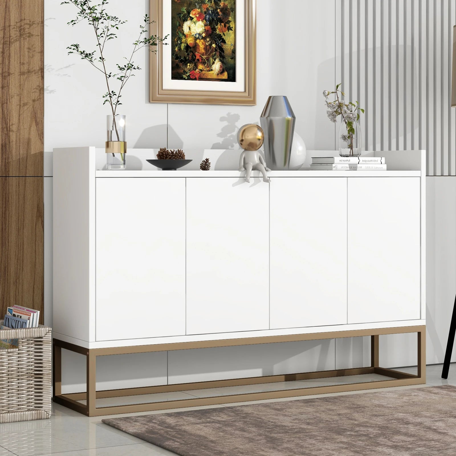 Comanlai 120x30x80cm Minimalist Sideboard, Chest of Drawers, Modern Buffet Cabinet, with 4 Doors, Metal Legs, Adjustable Shelf