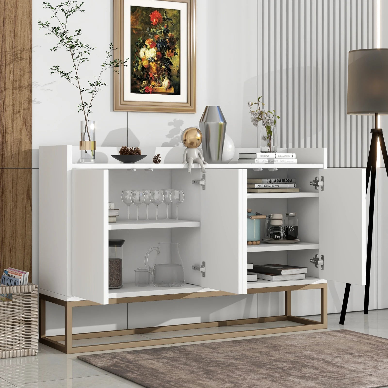 Comanlai 120x30x80cm Minimalist Sideboard, Chest of Drawers, Modern Buffet Cabinet, with 4 Doors, Metal Legs, Adjustable Shelf