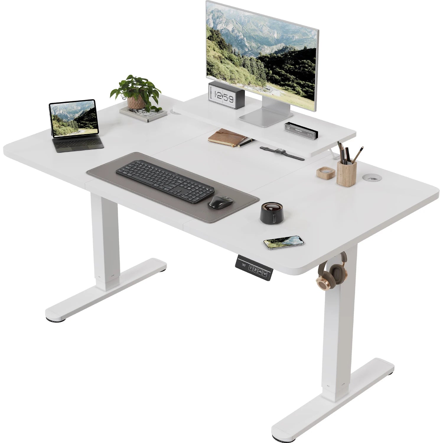 Devoko Height Adjustable desk Electric 140 × 60cm with Monitor Stand Ergonomic Seat Standing Desk (White)