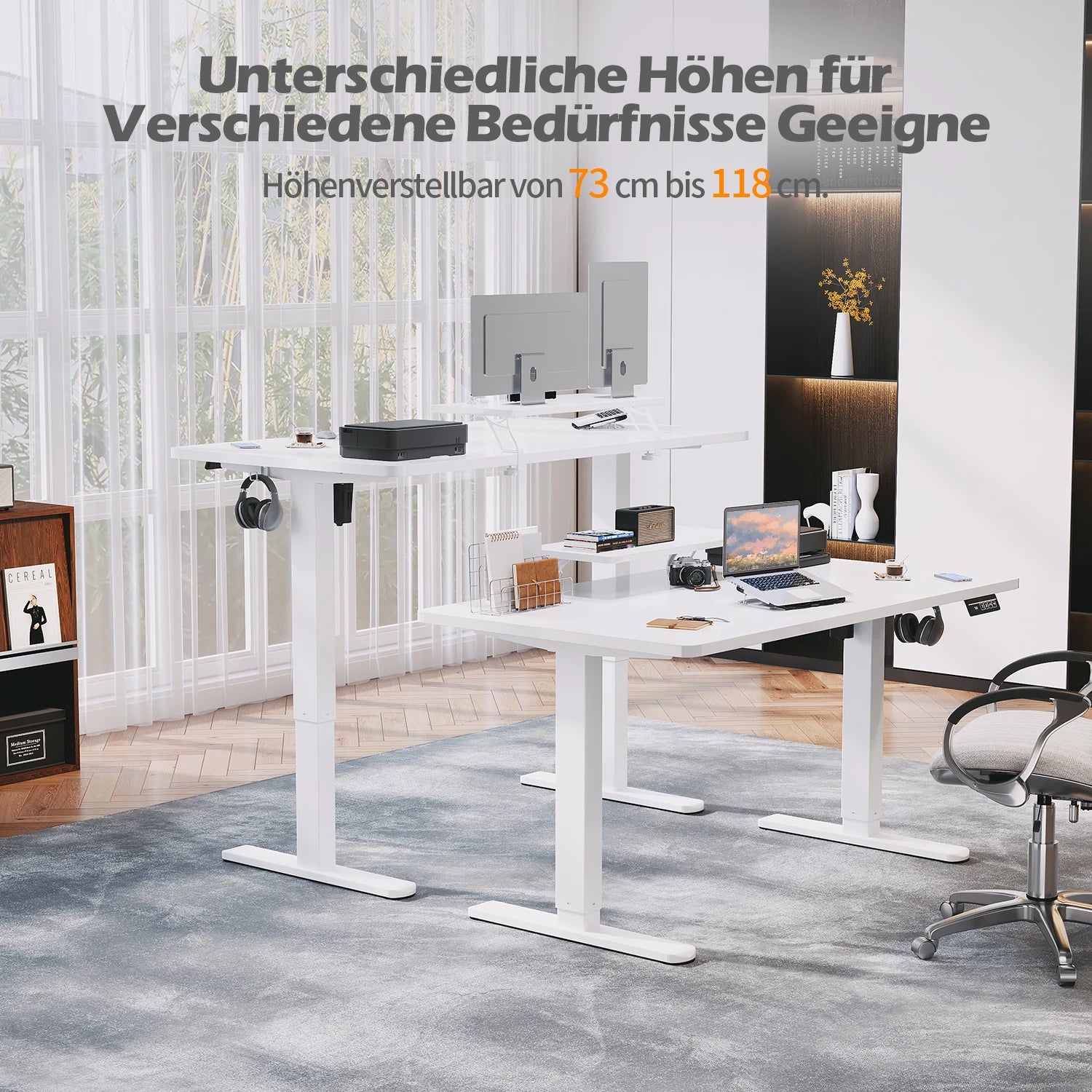 Devoko Height Adjustable desk Electric 140 × 60cm with Monitor Stand Ergonomic Seat Standing Desk (White)