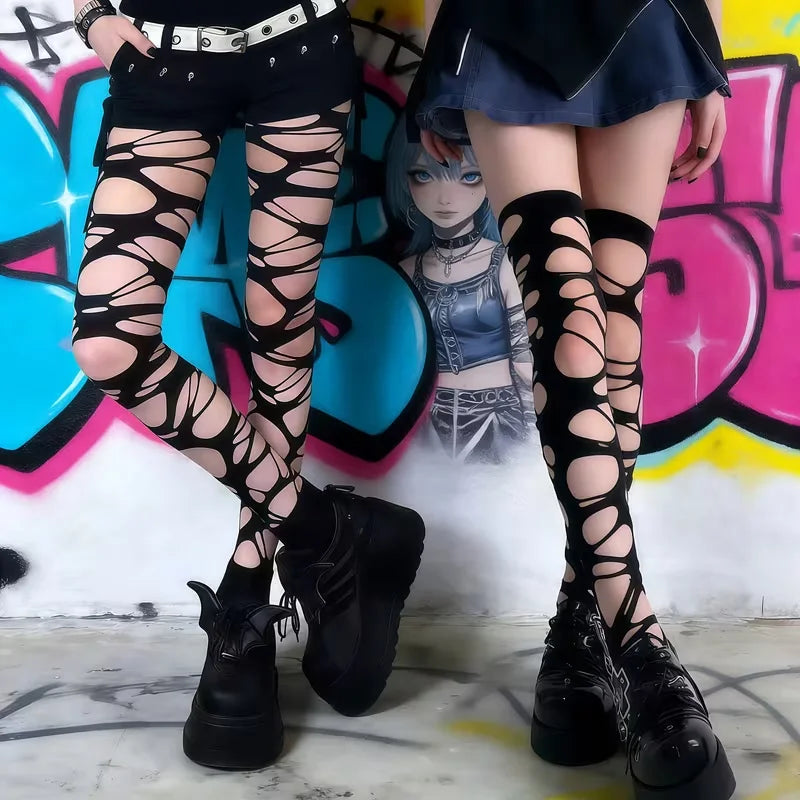 A pair of homemade gothic punk style stockings hot girl subculture Y2K black hole stockings bottoming pantyhose  Black Punk Hollow-out Design, Stylish Thin Leggings.