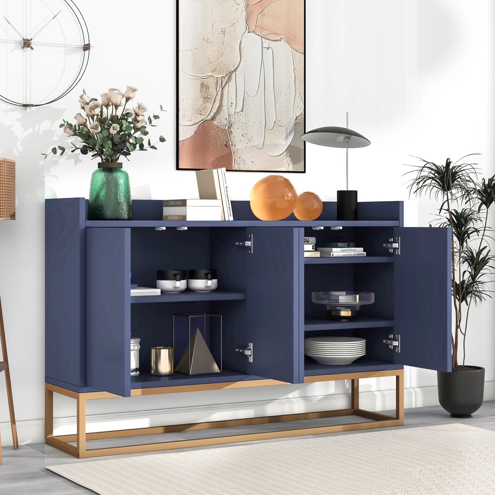 Comanlai 120x30x80cm Minimalist Sideboard, Chest of Drawers, Modern Buffet Cabinet, with 4 Doors, Metal Legs, Adjustable Shelf