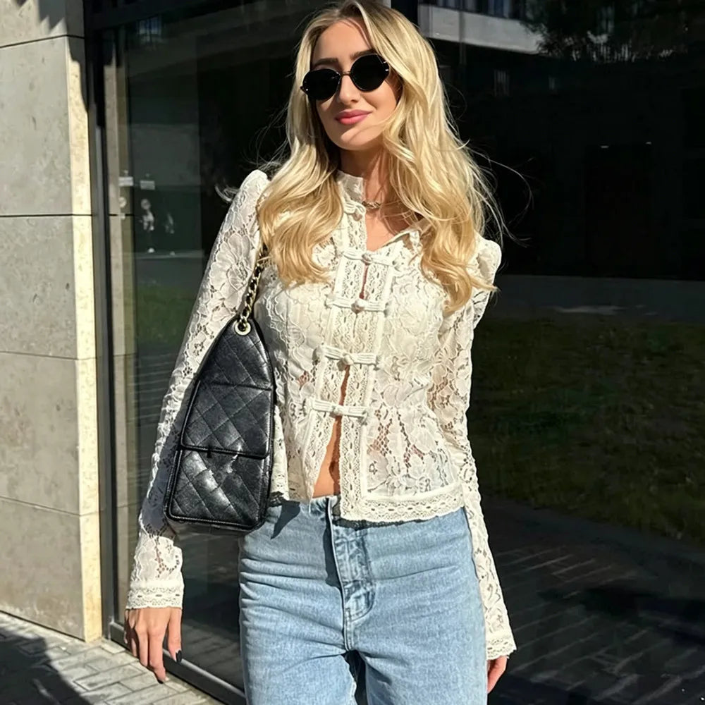 Ladies Vintage Lace Blouse Shirts Women Summer Hollow Out Casual Sand Collar Elegant Embroidery Puff Sleeve Sexy Top Shirts