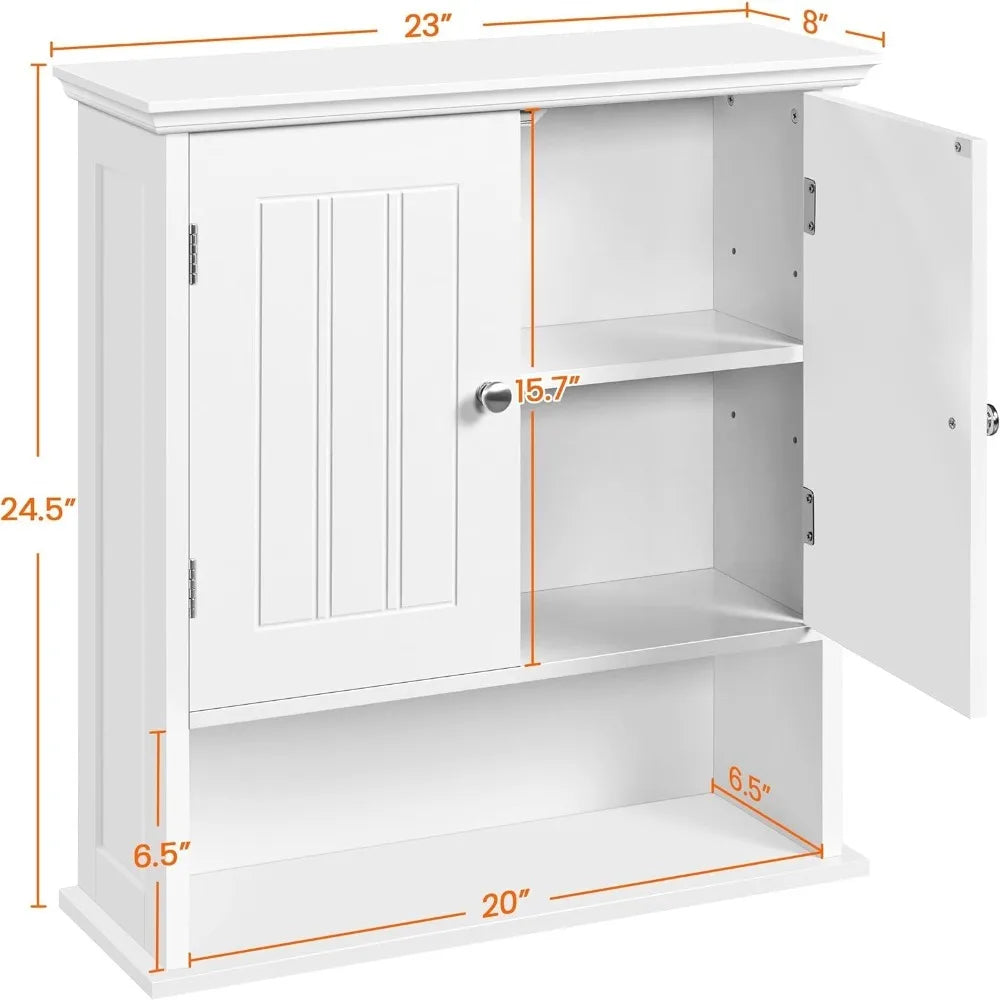 Bathroom Wall Cabinet with 2 Doors, 8" Deep Wall Mounted Medicine Cabinet with Adjustable Shelf and Open Compartment, Space-Savi