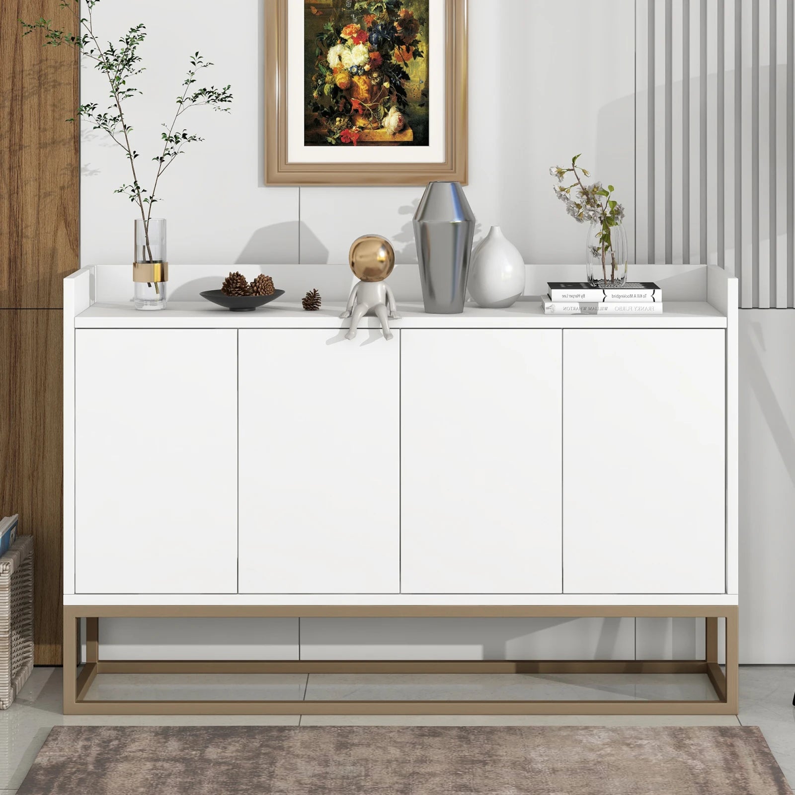 Comanlai 120x30x80cm Minimalist Sideboard, Chest of Drawers, Modern Buffet Cabinet, with 4 Doors, Metal Legs, Adjustable Shelf
