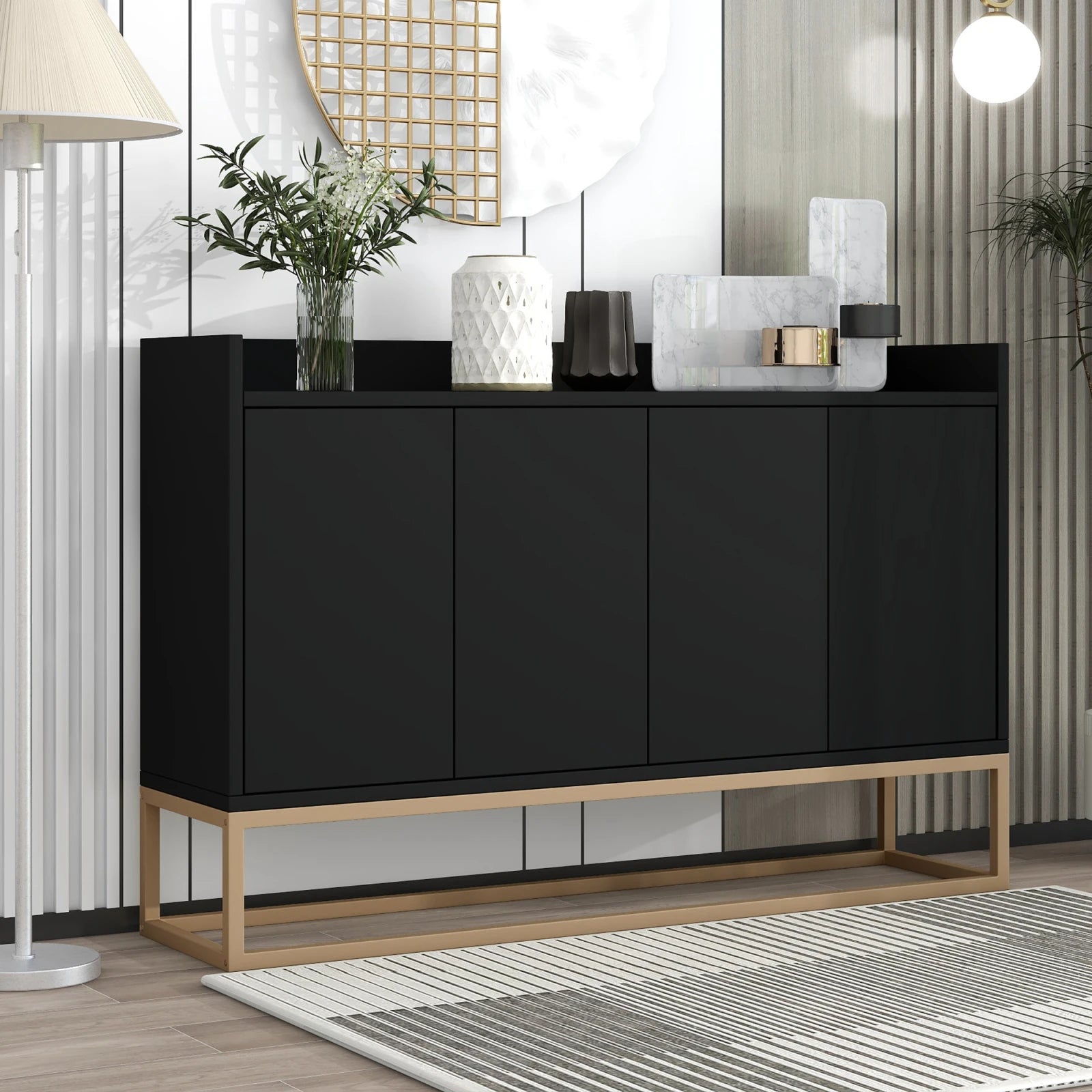 Comanlai 120x30x80cm Minimalist Sideboard, Chest of Drawers, Modern Buffet Cabinet, with 4 Doors, Metal Legs, Adjustable Shelf