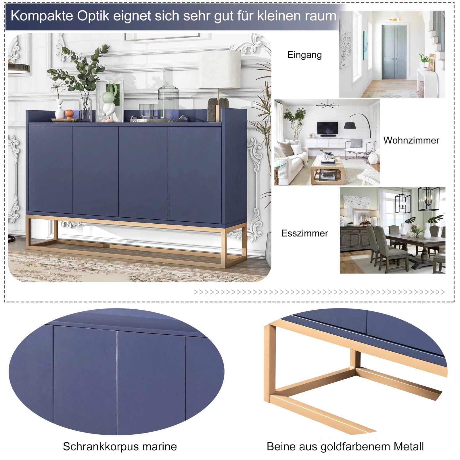 Comanlai 120x30x80cm Minimalist Sideboard, Chest of Drawers, Modern Buffet Cabinet, with 4 Doors, Metal Legs, Adjustable Shelf