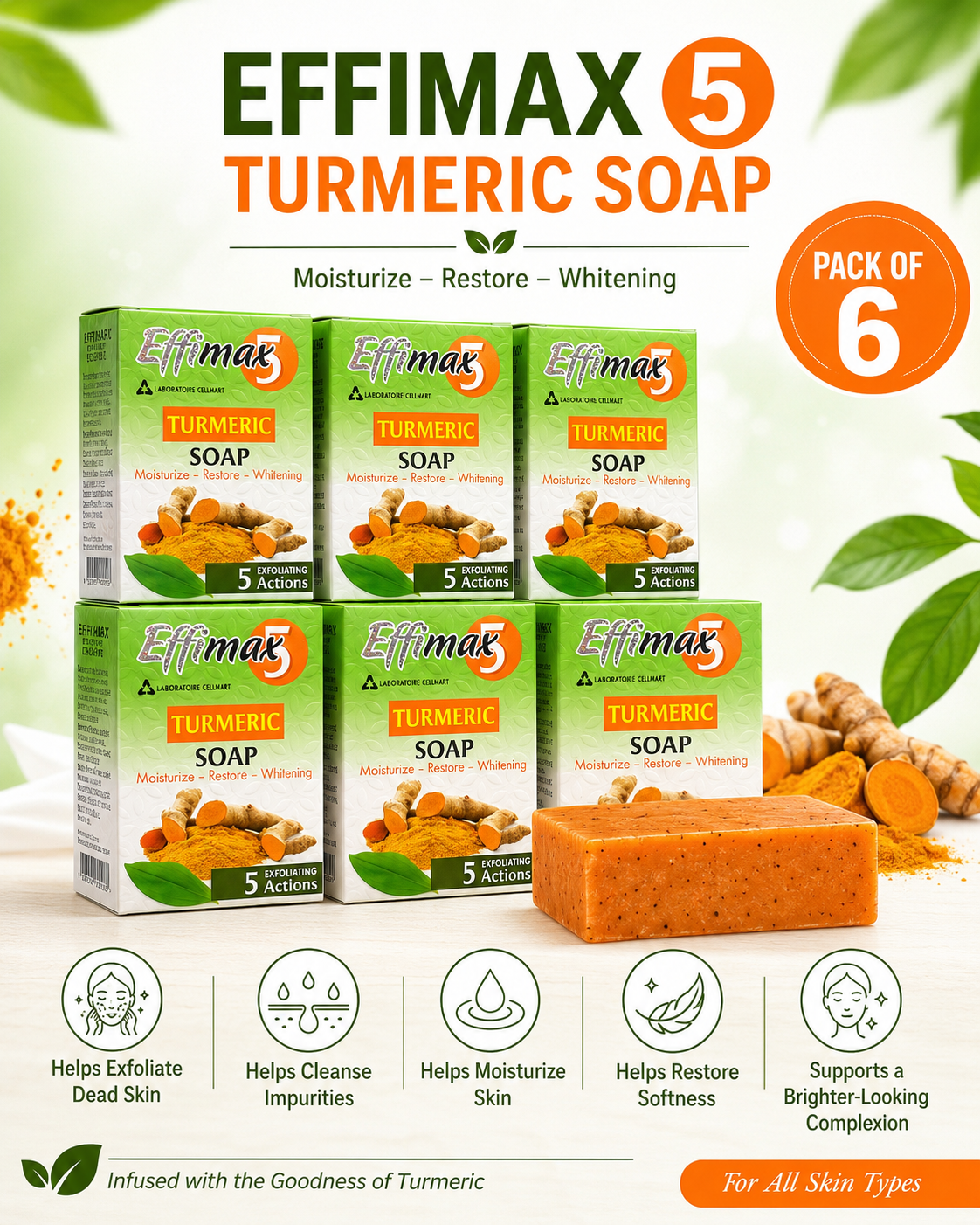 Effimax Turmeric Soap pack of 6. ( 75 grm x 6 ) - Premium Beauty Product