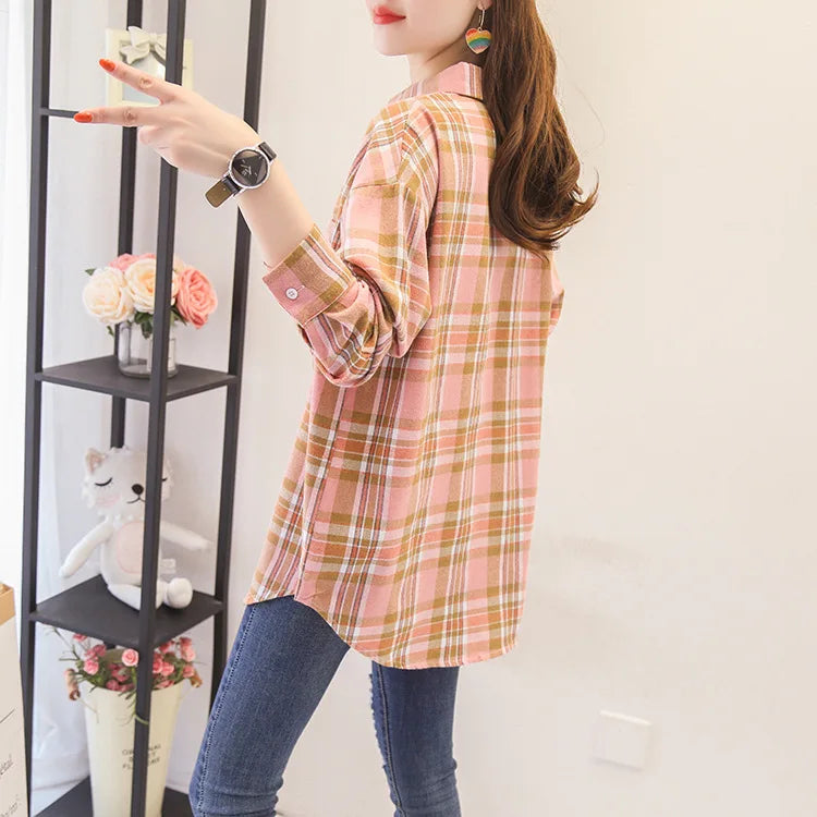 Casual Women's Plaid Shirt 2025 Spring Autumn New Ladies Loose Blouse and Tops Female Long Sleeve Shirts Fresh Checked Clothes