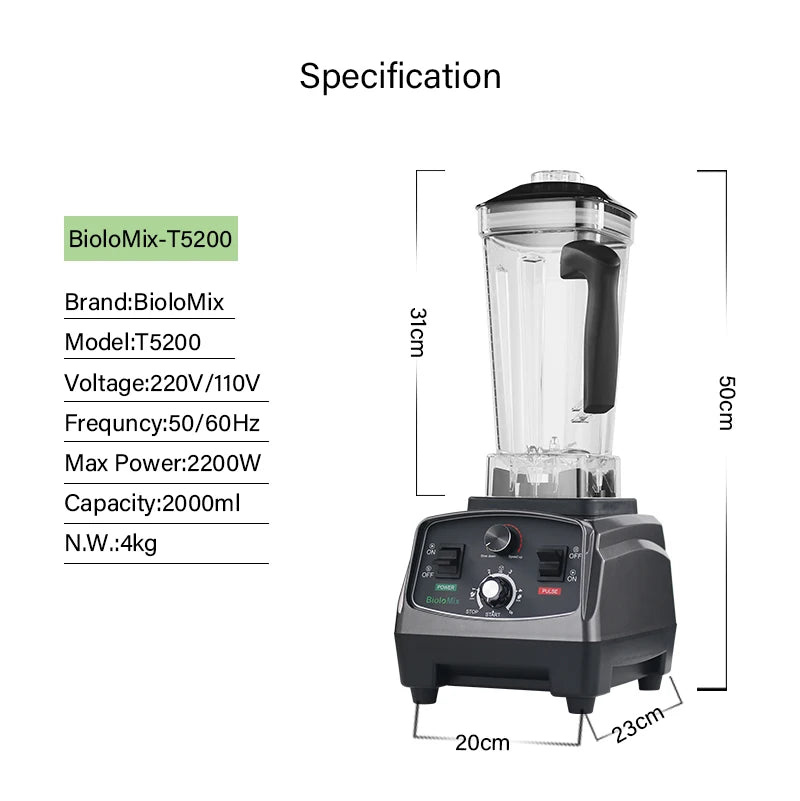 Biolomix BPA Free 2200W Commercial Grade Timer Blender Mixer Heavy Duty Automatic Fruit Food Processor Ice Crusher Smoothies