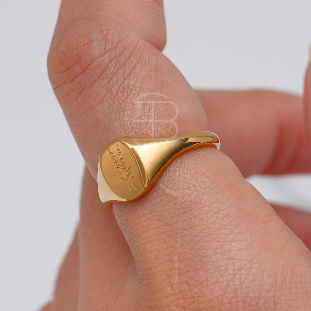 Handmade Tarnish Free Stainless Steel 18k Gold Plated Engraving Wildflower Tea Leaf Lavender Sunflower Signet Rings For Women