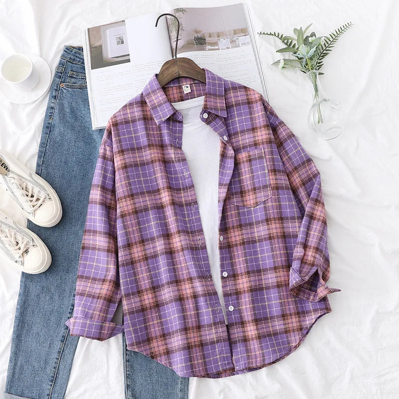 Casual Women's Plaid Shirt 2025 Spring Autumn New Ladies Loose Blouse and Tops Female Long Sleeve Shirts Fresh Checked Clothes