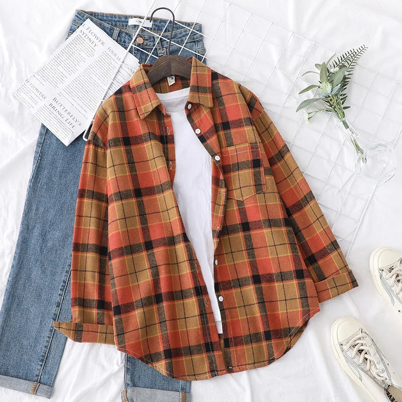 Casual Women's Plaid Shirt 2025 Spring Autumn New Ladies Loose Blouse and Tops Female Long Sleeve Shirts Fresh Checked Clothes