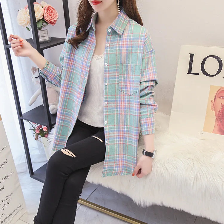 Casual Women's Plaid Shirt 2025 Spring Autumn New Ladies Loose Blouse and Tops Female Long Sleeve Shirts Fresh Checked Clothes