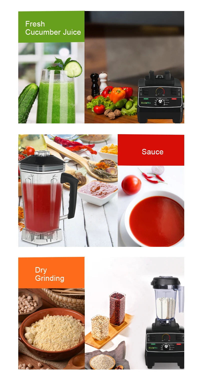BioloMix BPA Free 2L Jar 2200W Professional Smart Timer Pre-programed Blender Mixer Juicer Food Processor Ice Smoothies Crusher