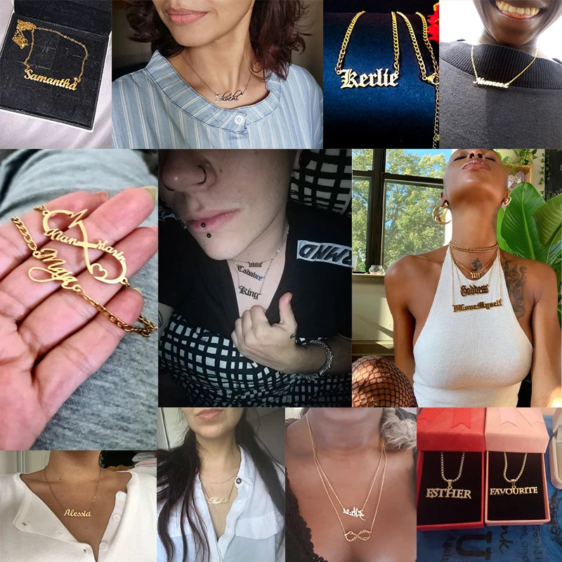 Atoztide Personalized Custom Name Necklaces for Women Stainless Steel Wave Chain Collares Pendant Mother Kids Jewelry Gift