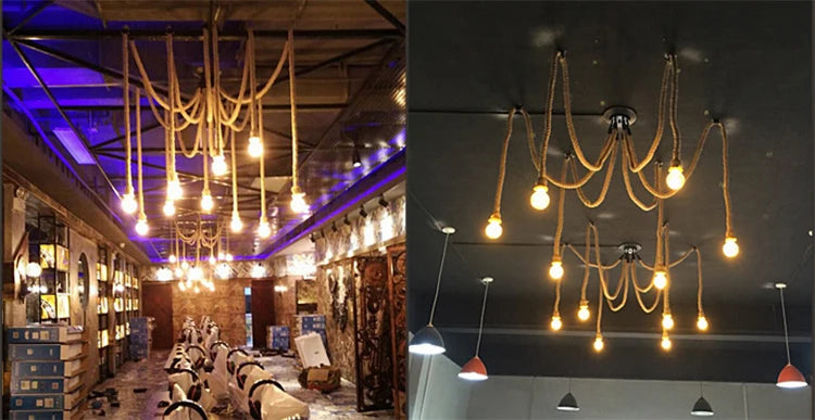 Vintage hemp rope pendant lamp dining room furniture Living room kitchen industrial Spider web Multi-head Retro hanging lights